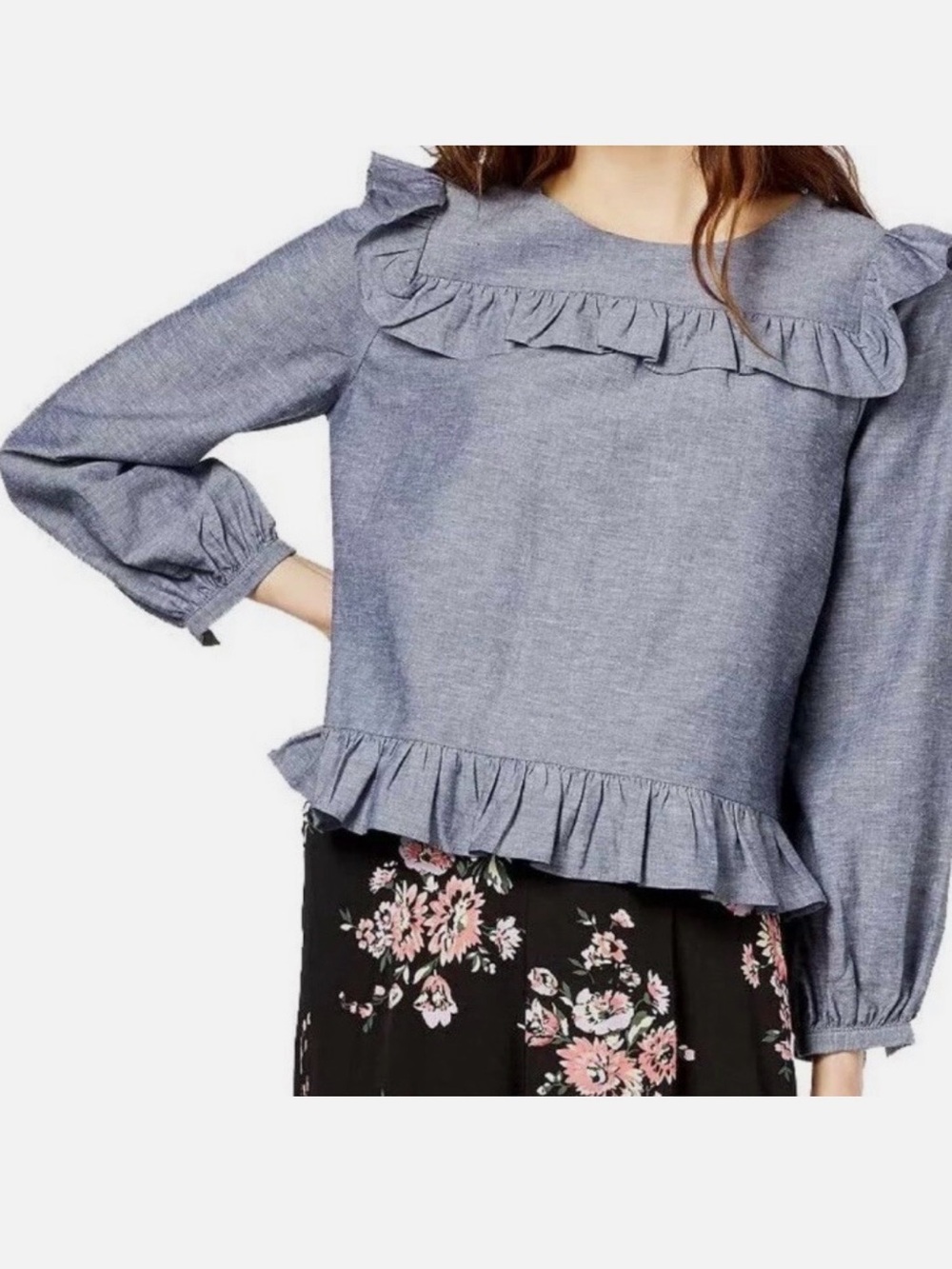 Jill Stuart Chambray Ruffle Yoke Blouse